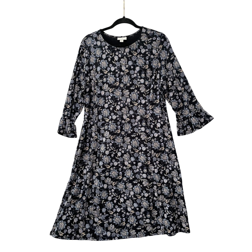 J. Jill Floral Paisley Shift Dress Womens Medium Black Blue Ruffle 3/4 Sleeve
